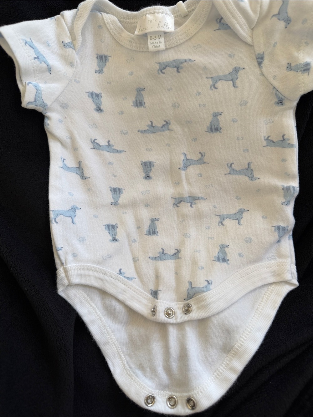Beau et Belle Baby One-Piece Bodysuit in Light Blue Puppy Print